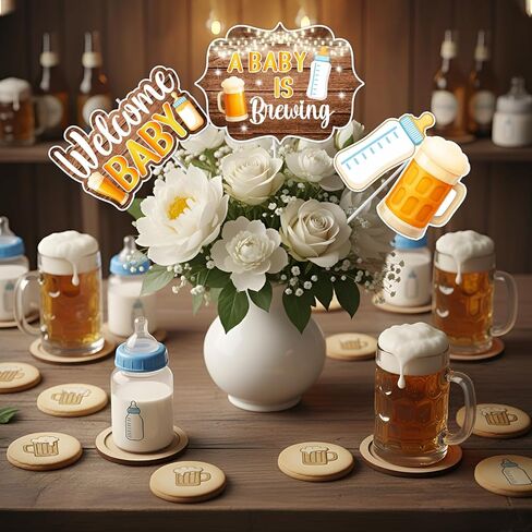Jollyboom Beer and Diaper Decorations for Men, A Baby Is Brewing Baby Shower Bottle 24pcs Table Centerpiece Stick Rustic Table Signs Beer and Diaper Wood Grain Add a Touch of Charm to Your Party in Saudi Arabia