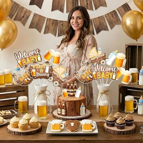 Jollyboom Beer and Diaper Decorations for Men, A Baby Is Brewing Baby Shower Bottle 24pcs Table Centerpiece Stick Rustic Table Signs Beer and Diaper Wood Grain Add a Touch of Charm to Your Party in Saudi Arabia