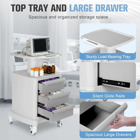 Medical Carts, Professional Mobile Medication Cart with 360 Lockable Wheels, Lab Utility Cart with 3 Drawers & 1 Top Tray for Lab Clinic Hospital Salon, Floor Standing Salon Roller Trolley in Kuwait