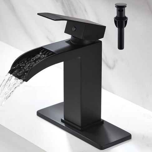 Waterfall Bathroom Faucet Gold - Single Handle Sink Faucets Bathroom 1 Hole Or 3 Hole for 4In | Modern Solid Vanity Faucet with Deck Plate & Overflow Pop Up Drain Brushed Gold in Saudi Arabia