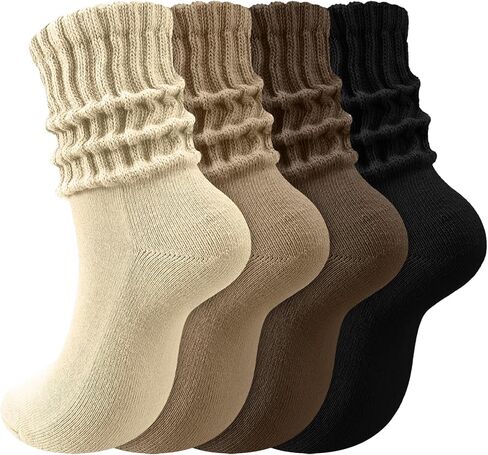 Zoooyawn 4 Pair Slouch Socks Cotton Baggy Scrunched Crew Socks Casual Slouchy Tube Neutral Aesthetic Ribbed Stacked Accessory in Saudi Arabia