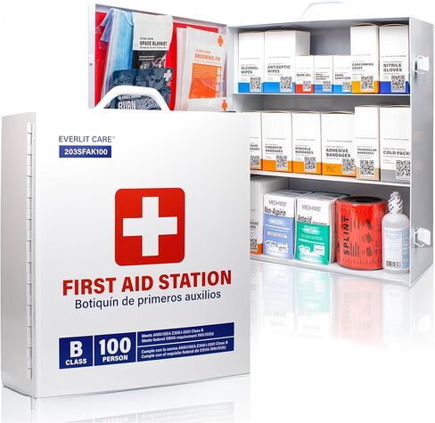 3-Shelf OSHA-Compliant First Aid Kit, ANSI Class B+ 100 Person Emergency First Aid Cabinet for Buiness, Job Site, Industrial Manufacturing Facility, Restaurant, and Kitchen in Kuwait