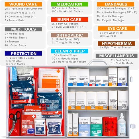 3-Shelf OSHA-Compliant First Aid Kit, ANSI Class B+ 100 Person Emergency First Aid Cabinet for Buiness, Job Site, Industrial Manufacturing Facility, Restaurant, and Kitchen in Kuwait