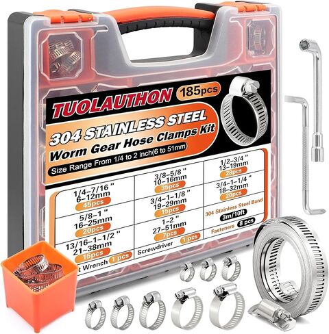 185Pcs 304 Stainless Steel Worm Gear Clamps Assortment Kit 1/4"-2(6-51mm), with 10FT Metal Strap+8 Stronger Fasteners for Automotive, Plumbing, Marine & DIY in Kuwait