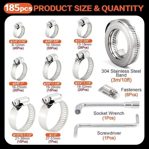 185Pcs 304 Stainless Steel Worm Gear Clamps Assortment Kit 1/4"-2(6-51mm), with 10FT Metal Strap+8 Stronger Fasteners for Automotive, Plumbing, Marine & DIY in Kuwait