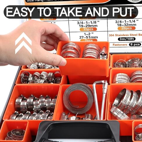 185Pcs 304 Stainless Steel Worm Gear Clamps Assortment Kit 1/4"-2(6-51mm), with 10FT Metal Strap+8 Stronger Fasteners for Automotive, Plumbing, Marine & DIY in Kuwait
