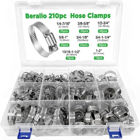 210 قطعة 304 مجموعة متنوعة من مشابك خرطوم الفولاذ المقاوم للصدأ، 1/4 بوصة - 2 بوصة (6-51 مم) مشابك خرطوم معدنية قابلة للتعديل، مشابك تركيب خرطوم صغيرة للسيارات، الأنابيب، سباكة الرادياتير، خط الوقود in Kuwait