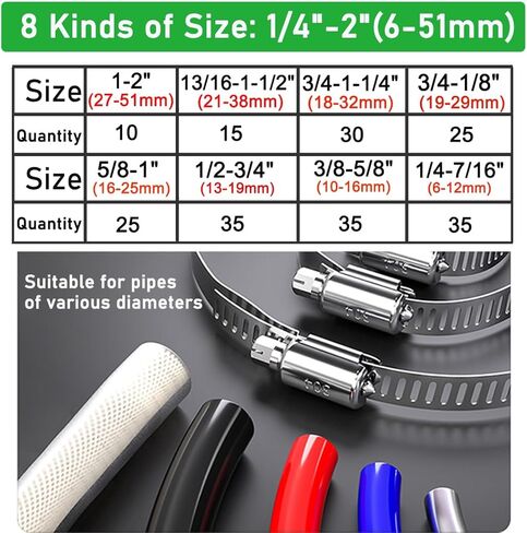 210 قطعة 304 مجموعة متنوعة من مشابك خرطوم الفولاذ المقاوم للصدأ، 1/4 بوصة - 2 بوصة (6-51 مم) مشابك خرطوم معدنية قابلة للتعديل، مشابك تركيب خرطوم صغيرة للسيارات، الأنابيب، سباكة الرادياتير، خط الوقود in Kuwait