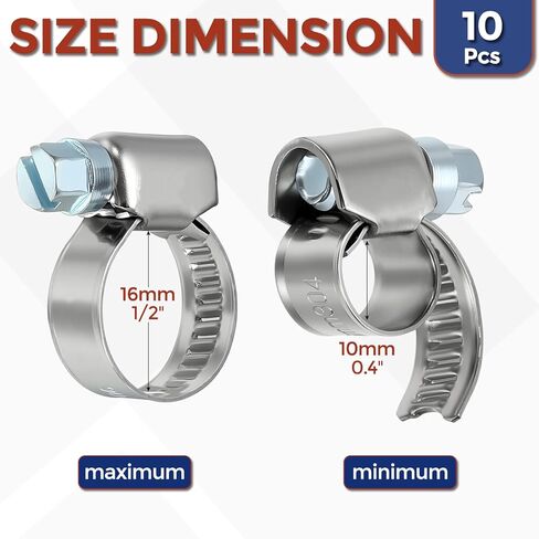 10Ps Stainless Steel Hose Clamps, Adjustable 0.4" to 1/2" (10-16mm) Heavy Duty Worm Gear Drive Hose Clamps Assortment Kit, Metal Clamping for Radiator, Dryer, Fuel Injection in Kuwait