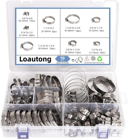 98PCS Worm Gear Hose Clamp Assortment Kit, 5/16 to 2-3/8"(8-60mm) 304 Stainless Steel Heavy Duty Hose Clamp, Adjustable Worm Gear Hose Clamps Screw Clamps Duct Tube Line Pipe Metal in Saudi Arabia