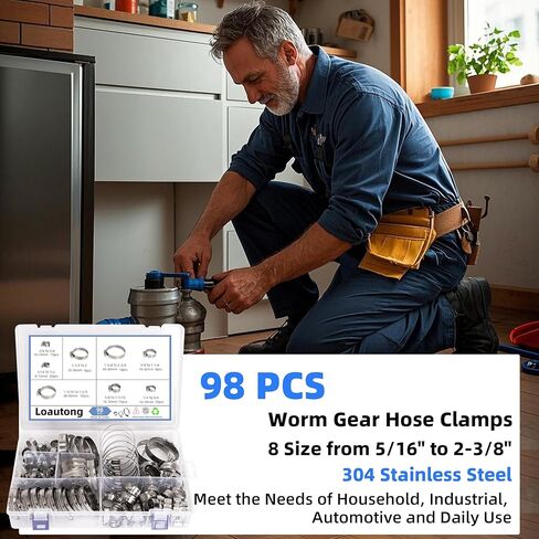 98PCS Worm Gear Hose Clamp Assortment Kit, 5/16 to 2-3/8"(8-60mm) 304 Stainless Steel Heavy Duty Hose Clamp, Adjustable Worm Gear Hose Clamps Screw Clamps Duct Tube Line Pipe Metal in Saudi Arabia