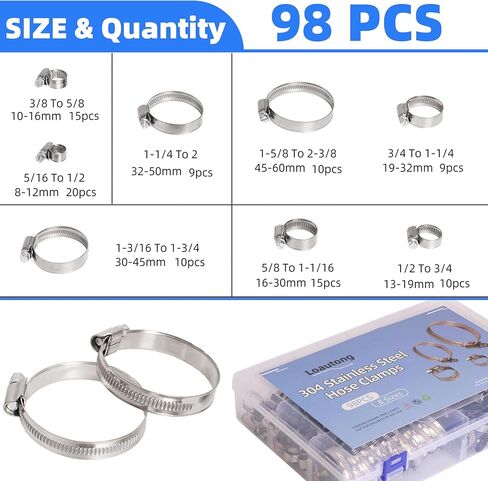 98PCS Worm Gear Hose Clamp Assortment Kit, 5/16 to 2-3/8"(8-60mm) 304 Stainless Steel Heavy Duty Hose Clamp, Adjustable Worm Gear Hose Clamps Screw Clamps Duct Tube Line Pipe Metal in Saudi Arabia