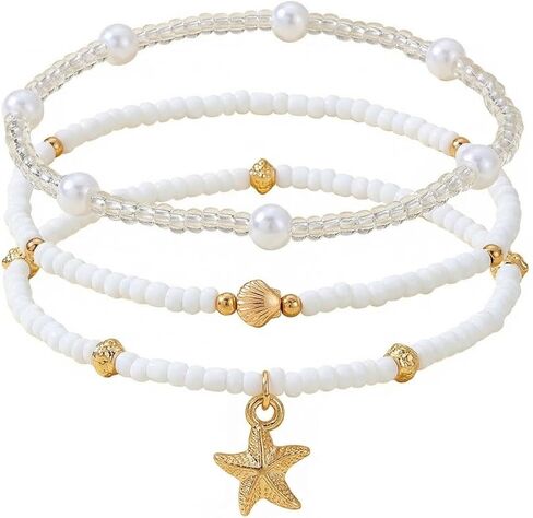 Gold Starfish Anklets for Women Seashell Ankle Bracelet Boho Stack Stretch Beaded Anklet Set Summer Beach Jewelry in Kuwait