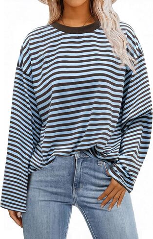 Womens Oversized Striped Long Sleeve Shirt Crewneck Sweatshirt Color Block Loose Pullover Top Teen Girl Y2K Clothes in Kuwait