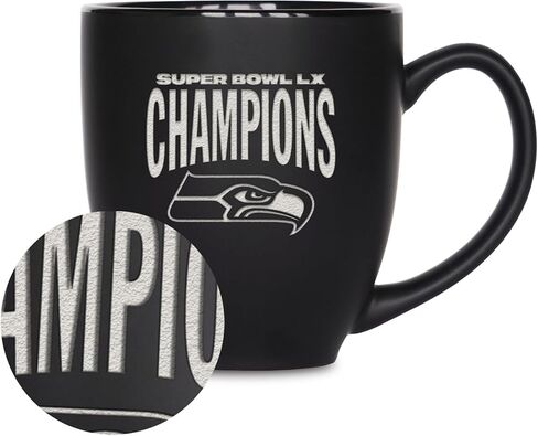 ريكو إندستريز NFL Football Seattle Seahawks 2026 Super Bowl LX Champions 15oz محفور بالليزر أسود غير لامع كوب بيسترو من السيراميك - للمشروبات الساخنة أو الباردة in Saudi Arabia