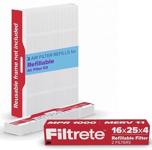 Filtrete 16x25x4 Refillable Air Filter replacement, MPR 1550, MERV 12, Allergen Bacteria & Virus, 2 Pack, use with reusable air filter frame of Filtrete Refillable Air Filter Kit, for HVAC, Furnace in Kuwait