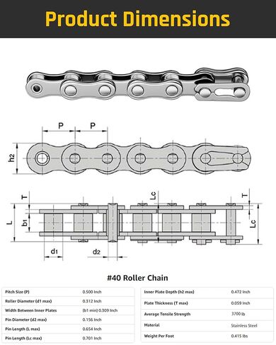 Wyckoff #40SS 08A 10FT Roller Chain with 2 Free Connecting Links, 2 Tie Rod Chain Connection Hardware, Carbon Steel Chains for Sliding Gate Opener, Bycicles, Mini Bikes, Motorcycles in Kuwait