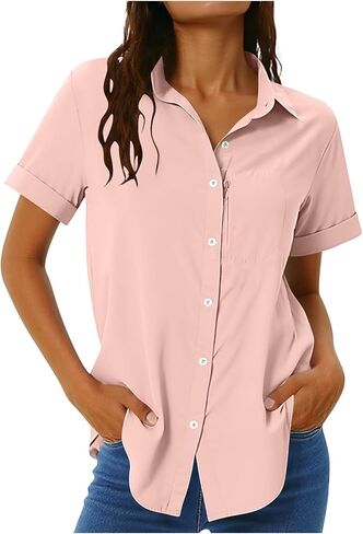 Women's UPF 50+ Uv Sun Protection Safari Shirt Button Down Fishing Travel Shirt Short Sleeve Quick Dry with Zip Pocket in Kuwait