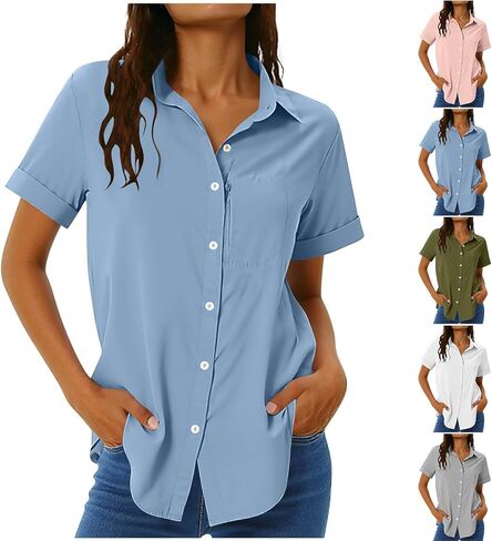 Women's UPF 50+ Uv Sun Protection Safari Shirt Button Down Fishing Travel Shirt Short Sleeve Quick Dry with Zip Pocket in Kuwait
