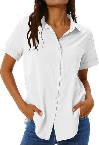 Women's UPF 50+ Uv Sun Protection Safari Shirt Button Down Fishing Travel Shirt Short Sleeve Quick Dry with Zip Pocket in Kuwait