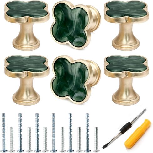 12 Pack Clover Cabinet Knobs Zinc Alloy Single Hole Pulls,Four-Leaf Clover Drawer Handles for Dresser,Wardrobe,Vanity(12pcs,Green) in Saudi Arabia