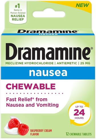Dramamine Nausea Chewable Nausea Relief with Meclizine, Raspberry Cream Flavor, 12 Count in Kuwait