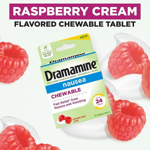 Dramamine Nausea Chewable Nausea Relief with Meclizine, Raspberry Cream Flavor, 12 Count in Kuwait