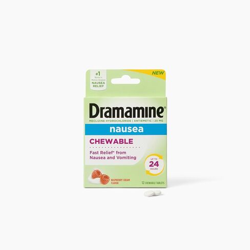 Dramamine Nausea Chewable Nausea Relief with Meclizine, Raspberry Cream Flavor, 12 Count in Kuwait