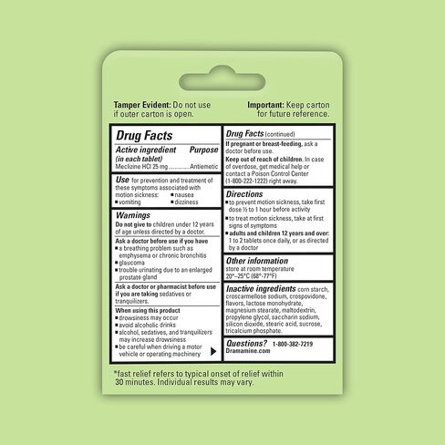 Dramamine Nausea Chewable Nausea Relief with Meclizine, Raspberry Cream Flavor, 12 Count in Kuwait