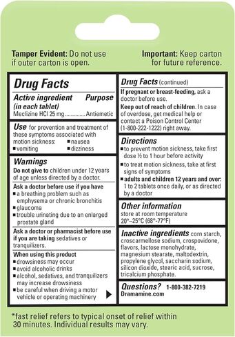 Dramamine Nausea Chewable Nausea Relief with Meclizine, Raspberry Cream Flavor, 12 Count in Kuwait