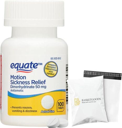 Dimenhydrinate - Equate Motion Sickness Pills - 50 mg 100 Tablets (Pack of 1), Nausea Relief, Set by Basket Goods in Kuwait