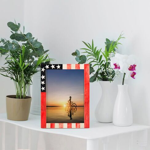 HANDICRAFTS HOME American Flag US Picture Frame, Veteran Memories Handmade Gift, Vintage Wall Hanging & Desk Decor, Farmhouse Photo Frames for Living Room & Office Patriotic Red White & Blue 8x10 inch in Kuwait