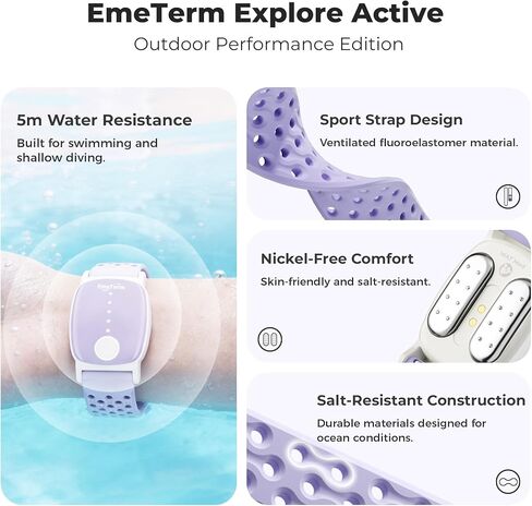 EmeTerm Explore سوار معصم نشط مضاد للغثيان، خالي من النيكل، 5 أمتار، جاهز للغوص، حزام تخفيف دوار الحركة، غير نعاس، خالي من المخدرات، حزام مطاطي قابل لإعادة الشحن لمقاومة الماء المالح in Kuwait