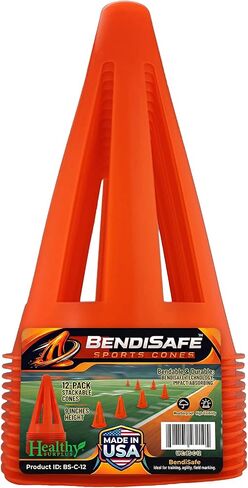 Soccer Training Cones Set of 12 - Flexible Agility Marker Cones for Soccer, Football & Basketball Drills- 9" Tall with 6" Base – High Visibility Orange Field Marker Cones - Made in USA - BendiSafe in Kuwait