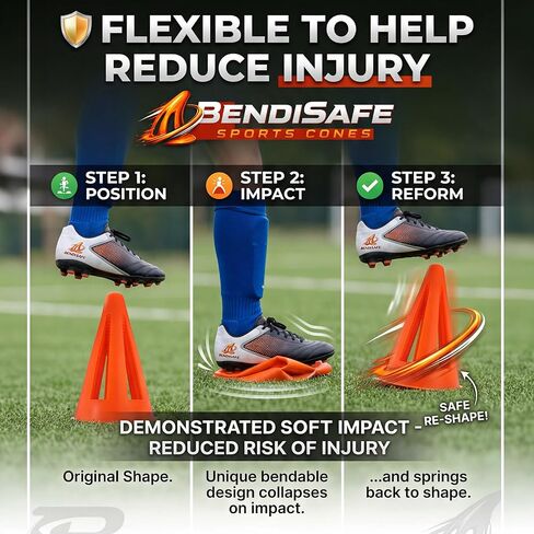 Soccer Training Cones Set of 12 - Flexible Agility Marker Cones for Soccer, Football & Basketball Drills- 9" Tall with 6" Base – High Visibility Orange Field Marker Cones - Made in USA - BendiSafe in Kuwait