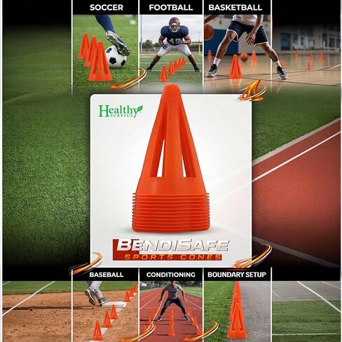 Soccer Training Cones Set of 12 - Flexible Agility Marker Cones for Soccer, Football & Basketball Drills- 9" Tall with 6" Base – High Visibility Orange Field Marker Cones - Made in USA - BendiSafe in Kuwait