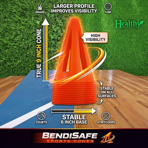 Soccer Training Cones Set of 12 - Flexible Agility Marker Cones for Soccer, Football & Basketball Drills- 9" Tall with 6" Base – High Visibility Orange Field Marker Cones - Made in USA - BendiSafe in Kuwait