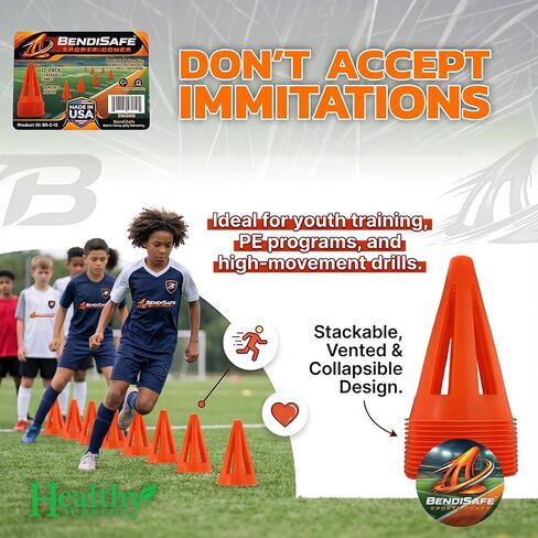 Soccer Training Cones Set of 12 - Flexible Agility Marker Cones for Soccer, Football & Basketball Drills- 9" Tall with 6" Base – High Visibility Orange Field Marker Cones - Made in USA - BendiSafe in Kuwait
