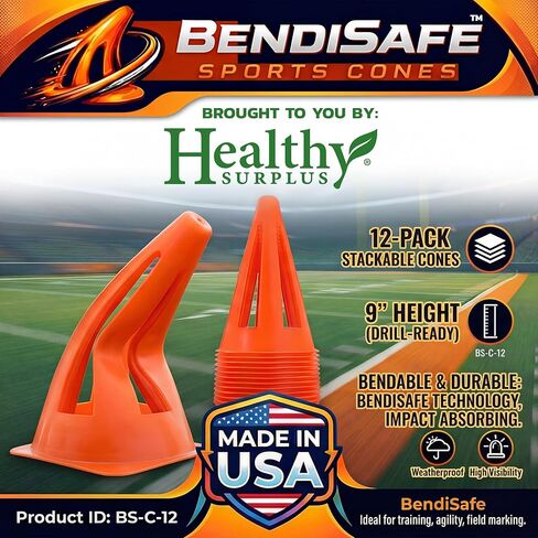 Soccer Training Cones Set of 12 - Flexible Agility Marker Cones for Soccer, Football & Basketball Drills- 9" Tall with 6" Base – High Visibility Orange Field Marker Cones - Made in USA - BendiSafe in Kuwait