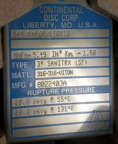 Continental Disk Corp. 8022403A قرص تمزق SANITRX (SF) مقاس 3 بوصة (28.8 رطل لكل بوصة مربعة عند 131F) in Saudi Arabia