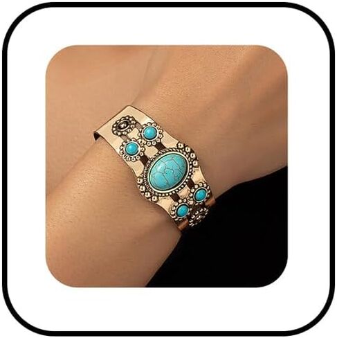 Bohemian Turquoise Cuff Bracelet for Women Vintage Court Style Open Bangle Gold Silver Turquoise Bracelet Adjustable Statement Birthday Wedding Party Jewelry in Kuwait