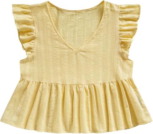 OYOANGLE Women's V Neck Ruffle Cap Sleeve Blouse Cute Flared Hem Babydoll Peplum Tops in Saudi Arabia