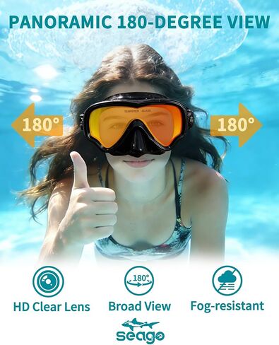 Seago Swim Mask Swimming Goggles Adult Men Women With Nose Cover, Adult Swim Goggles Anti Fog 180° Clear View Tempered Glasses, Pool Underwater Men Women Goggles Mirrored Orange UV Protection No Leak in Kuwait