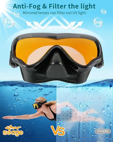 Seago Swim Mask Swimming Goggles Adult Men Women With Nose Cover, Adult Swim Goggles Anti Fog 180° Clear View Tempered Glasses, Pool Underwater Men Women Goggles Mirrored Orange UV Protection No Leak in Kuwait