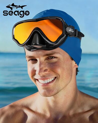 Seago Swim Mask Swimming Goggles Adult Men Women With Nose Cover, Adult Swim Goggles Anti Fog 180° Clear View Tempered Glasses, Pool Underwater Men Women Goggles Mirrored Orange UV Protection No Leak in Kuwait