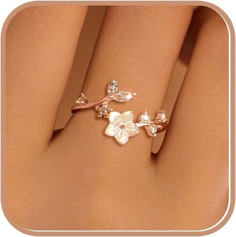 Cherry Blossom Ring for Women 925 Sterling Silver Dainty Camellia Ring 14K Gold Plated Lucky Leaf CZ Open Ring to Daughter White Shell Elegant Hibiscus Floral Crystal Wedding Birth Christmas Jewelry in Kuwait