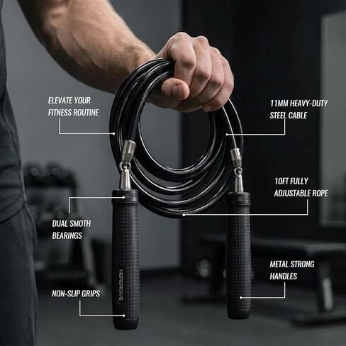 Weighted Jump Rope 1LB for Men & Women - Heavy Duty 11mm Steel Cable, Metal Handles with Smooth Spin, Comfortable Grips & Adjustable Length | Perfect for Muay Thai, MMA & High-Intensity Fitness Workouts in Saudi Arabia