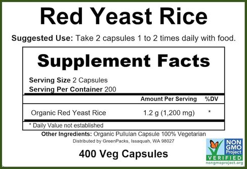 GreenPacks® أرز الخميرة الحمراء العضوي، 1200 مجم. per Serving (600 mg. per Capsule) Supplement - 400 Capsules in Saudi Arabia