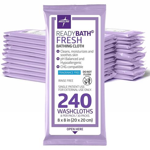 Medline ReadyBath Fresh Unscented Shower Wipes, 240 Count, No-Rinse Bath Wipes, Hypoallergenic, pH-Balanced, Unscented and Alcohol-Free in Kuwait