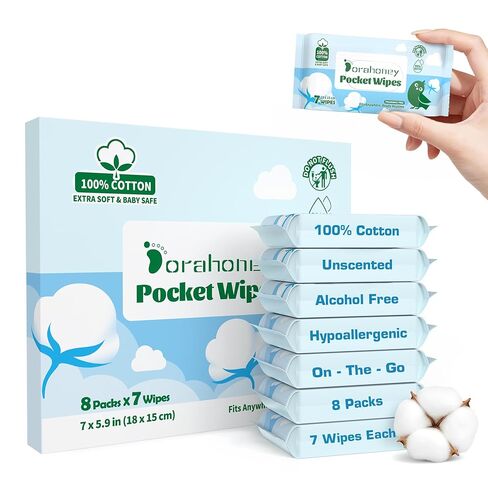 100% Cotton Travel Wipes for Sensitive Skin, 99% Purified Water Hypoallergenic Mini Wet Wipes, Unscented Pocket Wipes Travel Essentials for Adults, Kids & Baby Care, 56 Count (8 Packs of 7) in Kuwait